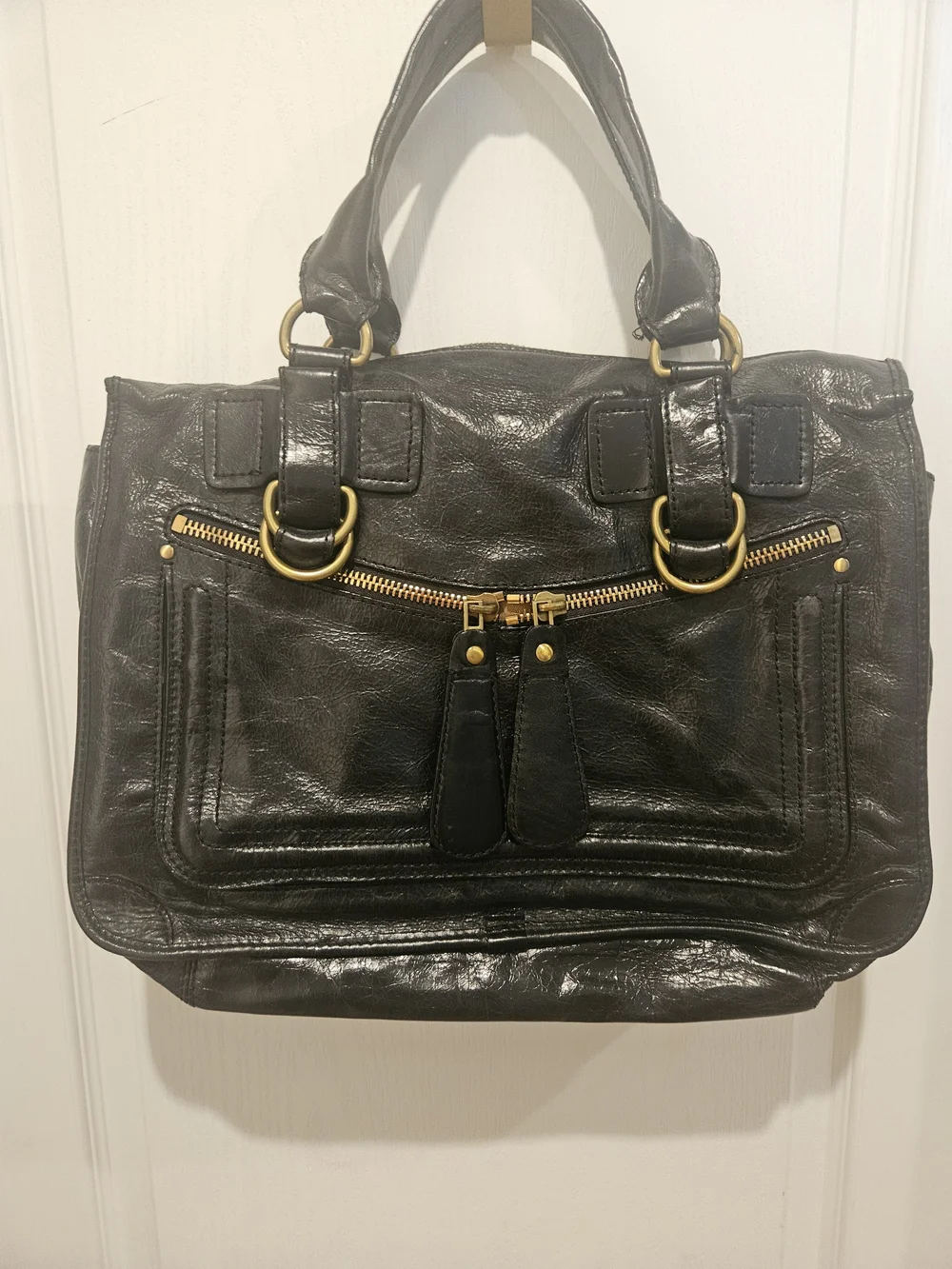Classic Black Leather Satchel with Gold Hardware